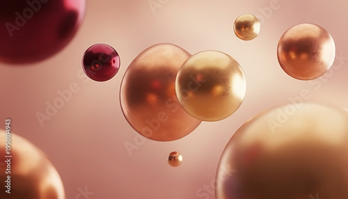Abstract 3D Metallic Spheres in Rose Gold and Copper on Soft Pink Bokeh Background