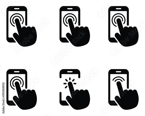 Smartphone, touch screen icons featuring finger tap and wireless signal symbols, representing mobile interaction, connectivity, and digital communication concept, modern flat vector