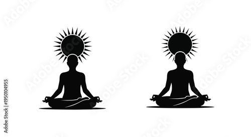 Two silhouettes of people meditating with sun like halos above their heads