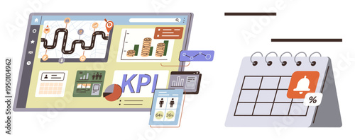 Data visualization, KPI tracking, project management, business strategy, performance monitoring, financial planning. A dashboard with charts, graphs and a calendar. Data visualization and KPI
