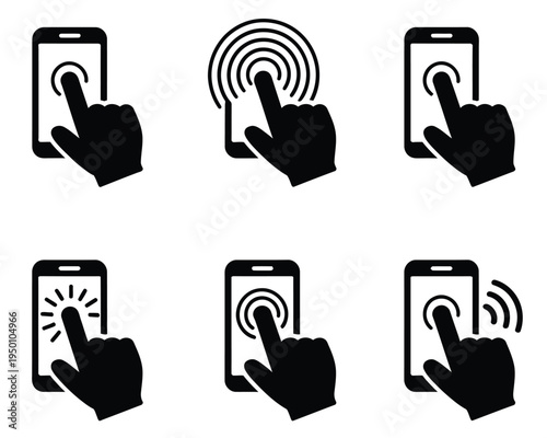 Smartphone, touch screen vector icon set with finger tap and wireless signal symbols, illustrating mobile interaction, wireless connectivity, and digital interface controls, clean modern flat vector 