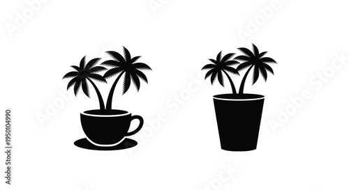 Two tropical palm trees growing in a cup and pot