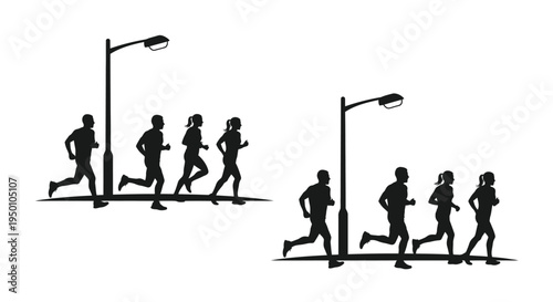 Silhouettes of people running along a street with lampposts