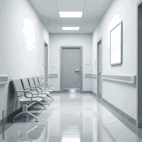 Create a realistic Waiting hospital corridor with empty chairs, door and blank white poster. 3d rendering vector art with white background.