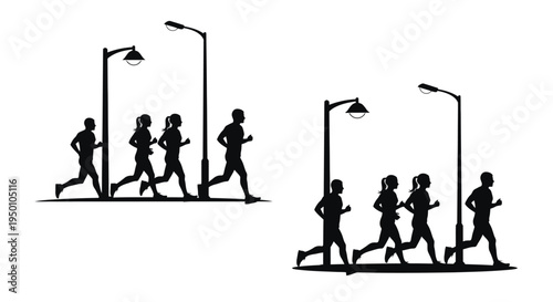 Silhouettes of people running beneath street lamps in a city