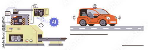 Artificial intelligence, automation, robotics, autonomous vehicles, production technology, innovation. An AI-powered production line beside an autonomous car on the road. Robotics and autonomous