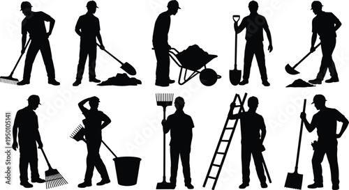 Gardening and construction worker silhouettes set, labor people with rake shovel wheelbarrow ladder, landscaping and maintenance activity, black vector illustration