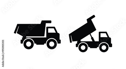 Two black silhouettes of dump trucks one with raised bed