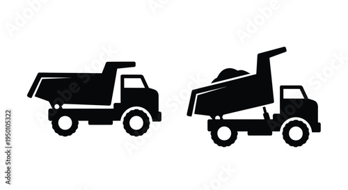 Two black silhouette illustrations of dump trucks in different positions