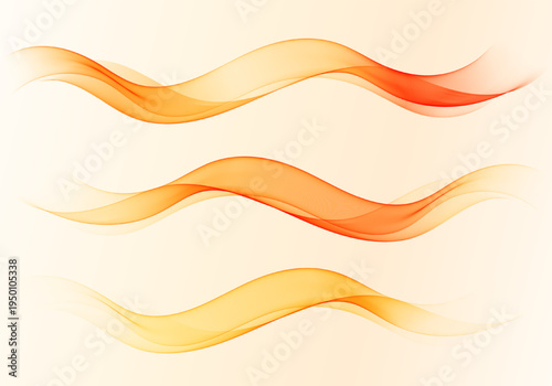 Set of abstract flowing orange gradient wave lines isolated on light background