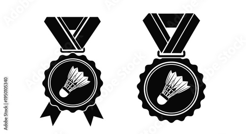Two black and white badminton award medals with shuttlecock designs