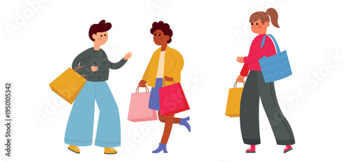 Cartoon people with shopping bags walking and enjoying shopping. Modern lifestyle illustration perfect for retail, sale, marketing, store and consumer themed designs