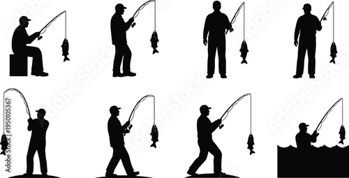 Fishing activity silhouette set featuring anglers catching fish with rods in various poses for sport fishing and outdoor recreation design