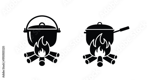 Two black silhouette icons depicting cooking pots over open fires