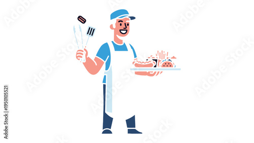 Culinary Craftsman: A cheerful chef, adorned in a classic apron and cap, beams with pride as he presents a platter of mouthwatering delicacies, culinary artistry at its finest.