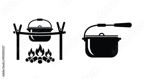 Black and white illustration of a dutch oven over a campfire setup