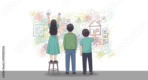 Children creatively expressing themselves through colorful artwork on a large wall