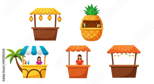 Cartoon illustration of various colorful food and drink stands
