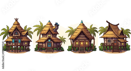 Tropical stilt houses with thatched roofs and palm trees