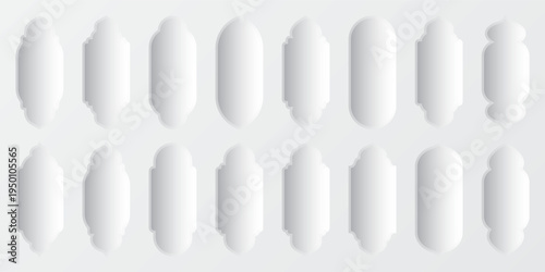 Islamic frames, oriental style objects. Arabic shapes, windows and arches with shadows. Traditional ornamental frame. Muslim holidays, Ramadan Kareem. Modern eastern architecture. Vector illustration