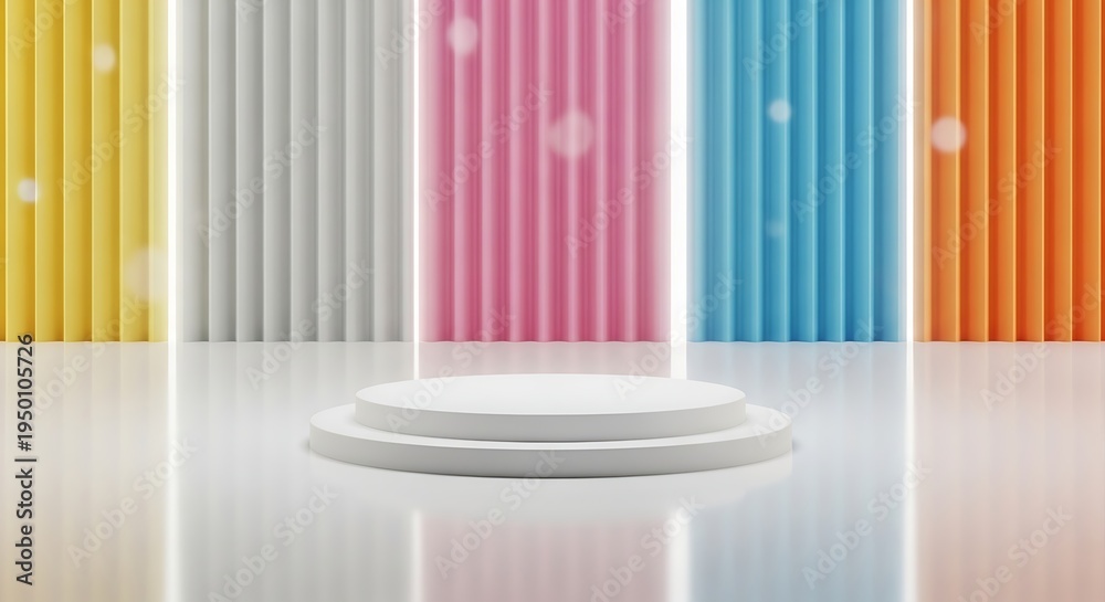 Fototapeta premium Minimalist white pedestal display stand set against a vibrant multicolored vertical striped studio backdrop background