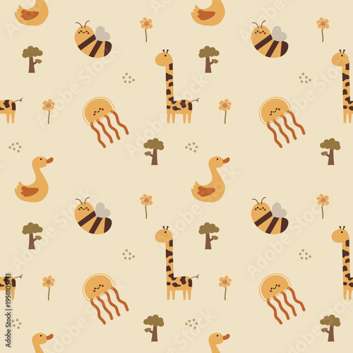 Animal yellow cartoon so cute. On bee jellyfish giraffe duck tree flower background. Pattern seamless vector illustration