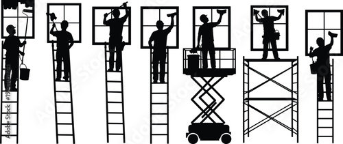 Window cleaning worker silhouettes set, professional janitor washing glass on ladder and scaffold platform, building maintenance service, cleaning tools vector illustration