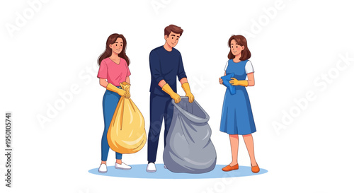 Three people collecting trash in bags