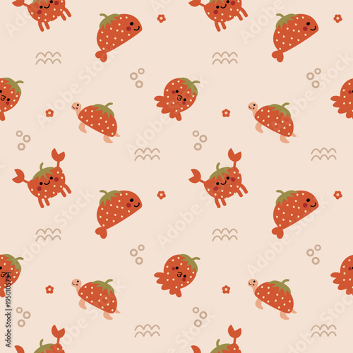 Animal strawberry cartoon so cute. On squid fish turtle crab bubbles wave flower background. Pattern seamless vector illustration. 