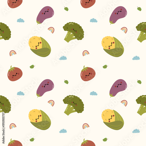 Vegetable cartoon so cute. On tomato eggplant sweet corn broccoli rainbow cloud leaf background. Pattern seamless vector illustration