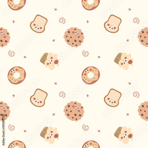 Bakery smiles cartoon so cute. On bread cookies donut cupcakes star doodle background. Pattern seamless vector illustration