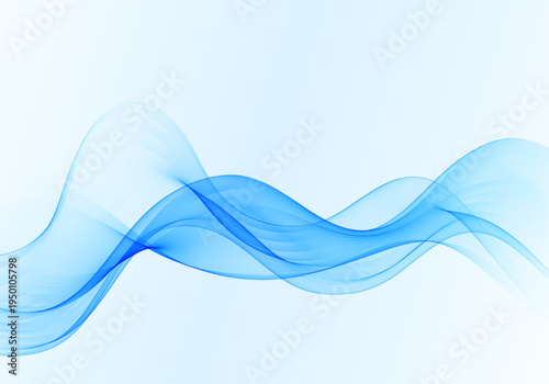 Abstract blue wavy wave with transparent multilayered curves on light background.