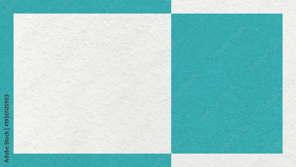 Fototapeta premium Textured white, light teal paper background with outer frame and geometric panel. Template for presentation with copy space