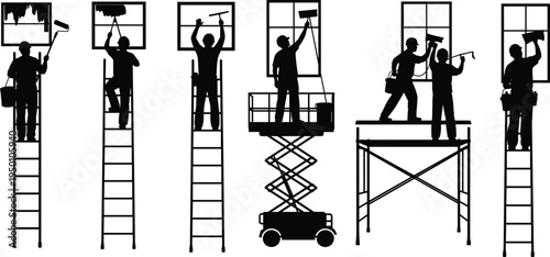 Window cleaner worker silhouettes set, professional janitor washing glass on ladder and scaffold, building maintenance service, cleaning tools collection, black vector illustration