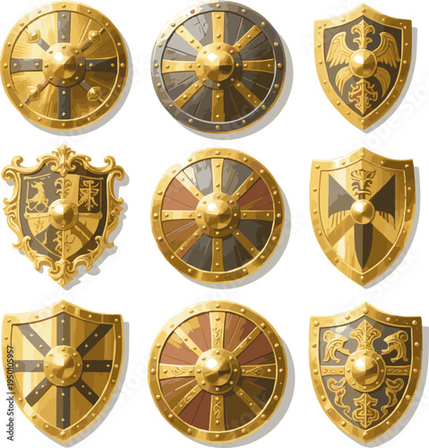Create a realistic kinds of deferent Gold shield vector art with white background..