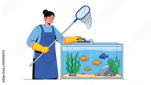 Aquarium Maintenance: A diligent individual tends to an aquarium, employing tools to ensure a thriving environment for aquatic life.