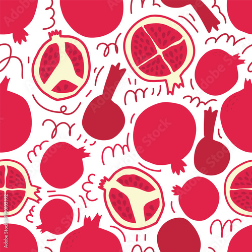 Seamless pomegranate fruit pattern with whole fruits and slices. Decorative vector background suitable for textiles, packaging, wallpaper and kitchen themed design.