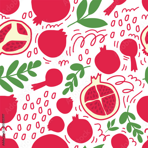 Playful pomegranate fruit composition with leaves and seeds in modern flat style. Decorative vector illustration for food packaging, menus and organic branding.