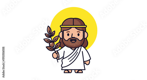 Jesus Christ Cartoon Character Holding Olive Branch with Halo