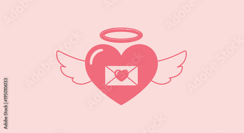 Winged Angel Heart with Halo and Love Letter Illustration