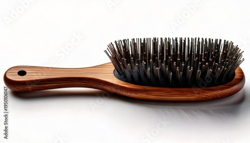 Wooden hairbrush with metal bristles on a white surface.