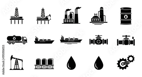 Oil and Gas Industry Icons - Platforms, Refineries, Tankers, and Equipment.