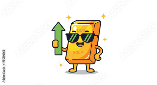 Gold bar character holding green up arrow mascot