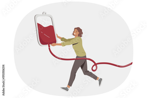 Woman blood donor carries iv for transfusion to save person injured in car accident. Girl donor of blood or plasma and bone marrow is ready to sacrifice herself for sake of altruism