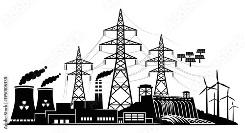 Diverse Energy Sources - Nuclear, Coal, Hydro, Solar, Wind Power Generation.
