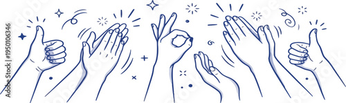 Vector simple linear illustration, hands and gestures, hand drawn illustration, poster, logo, print design template, business cooperation and teamwork concept