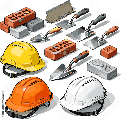 Create a realistic kinds of deferent Trowel, Bricks and Construction helmet vector art with white background.