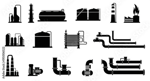 Silhouette Collection of Oil and Gas Industry Equipment.