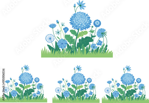 Blue flower garden collection with green grass border vector illustration for summer design