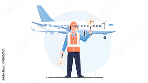 Guiding Aircraft: An airport worker stands at attention, confidently directing a large airplane with signal wands, ensuring safe and efficient air travel and a smooth journey.